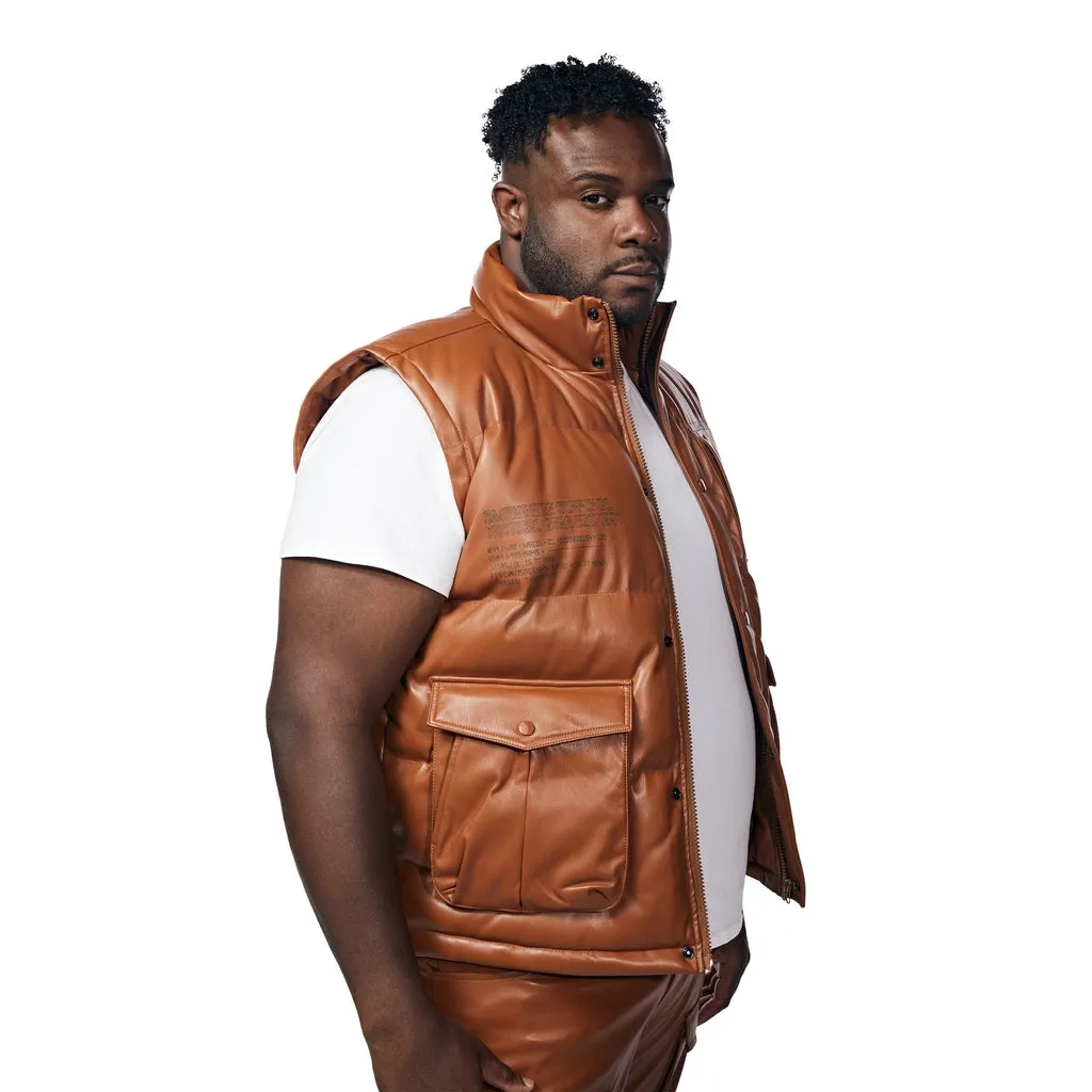 Big And Tall Utility Vegan Leather Vest - Cognac