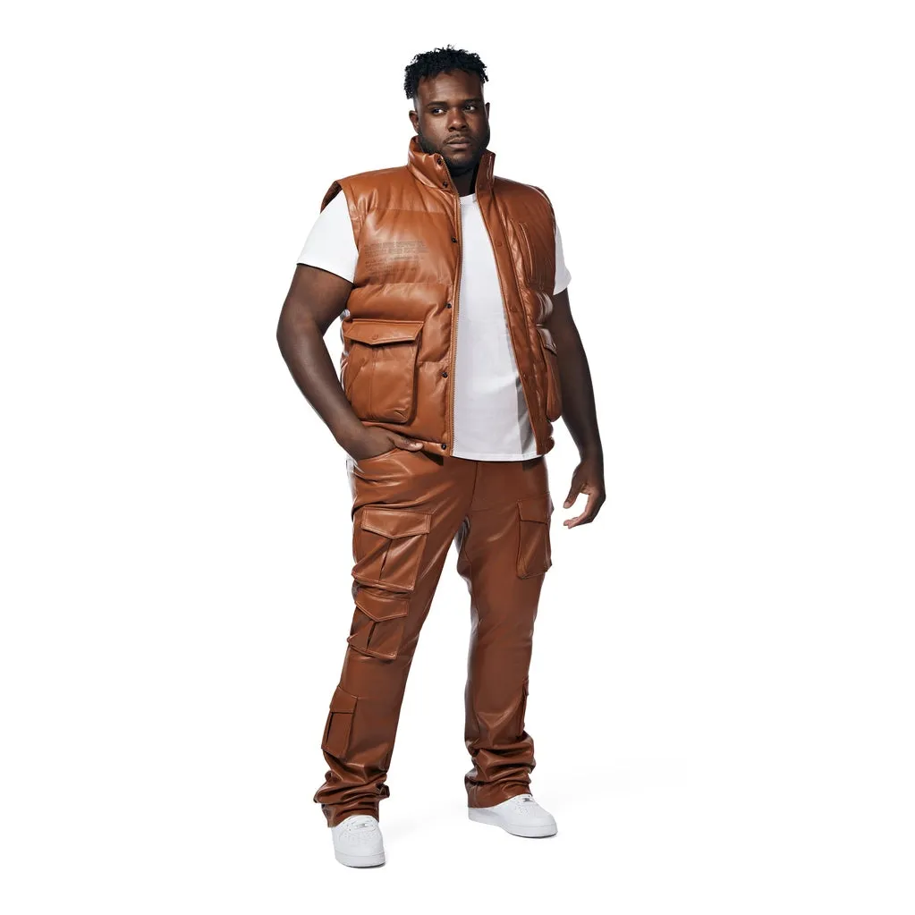 Big And Tall Utility Vegan Leather Vest - Cognac