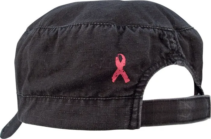 Black Adjustable Rip-Stop Pink Sergeant Stripes Army Fatigue Cap with Pink Breast Cancer Ribbon