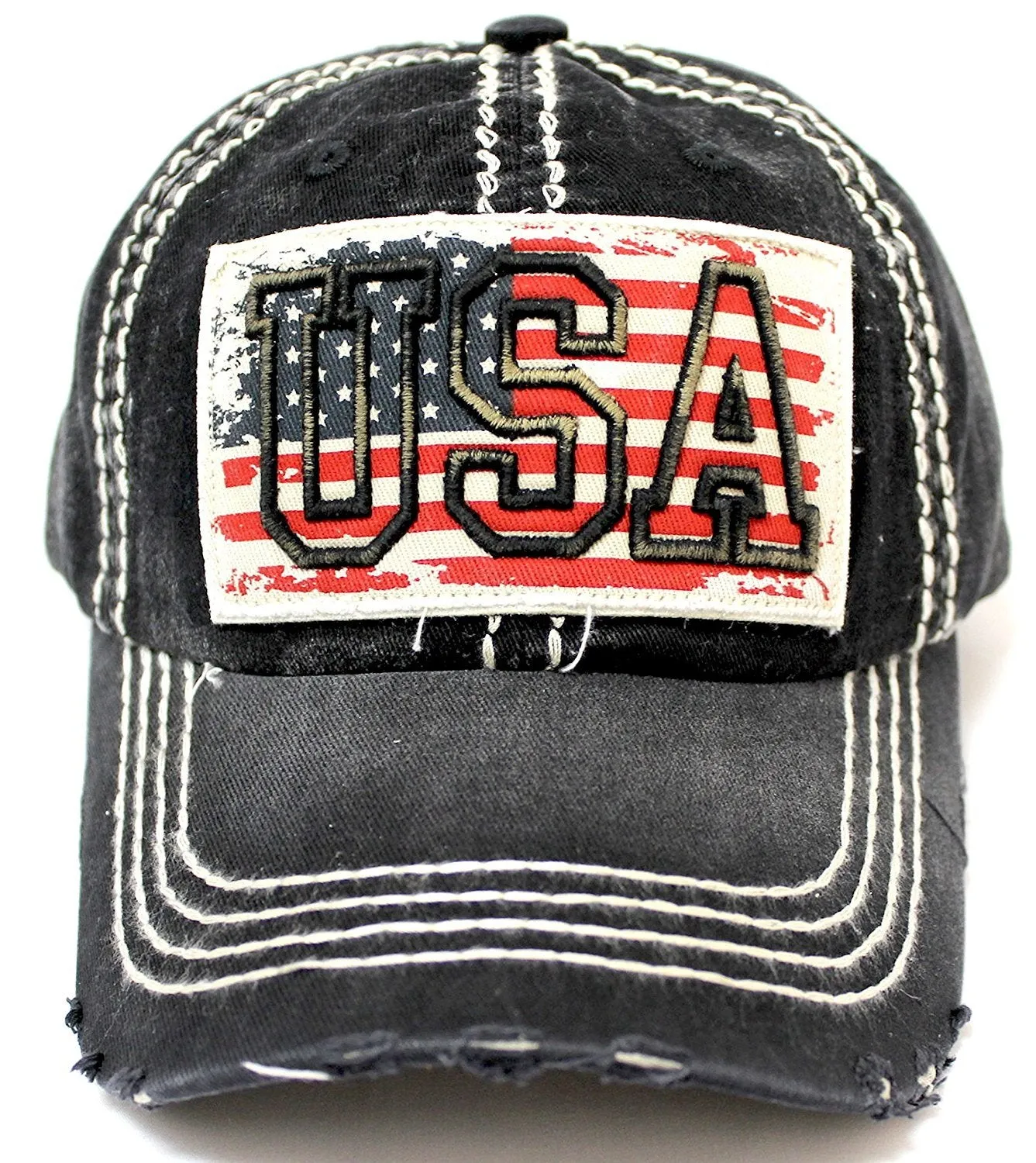 BLACK Vintage USA Flag Embroidery Patch Adjustable Baseball Cap