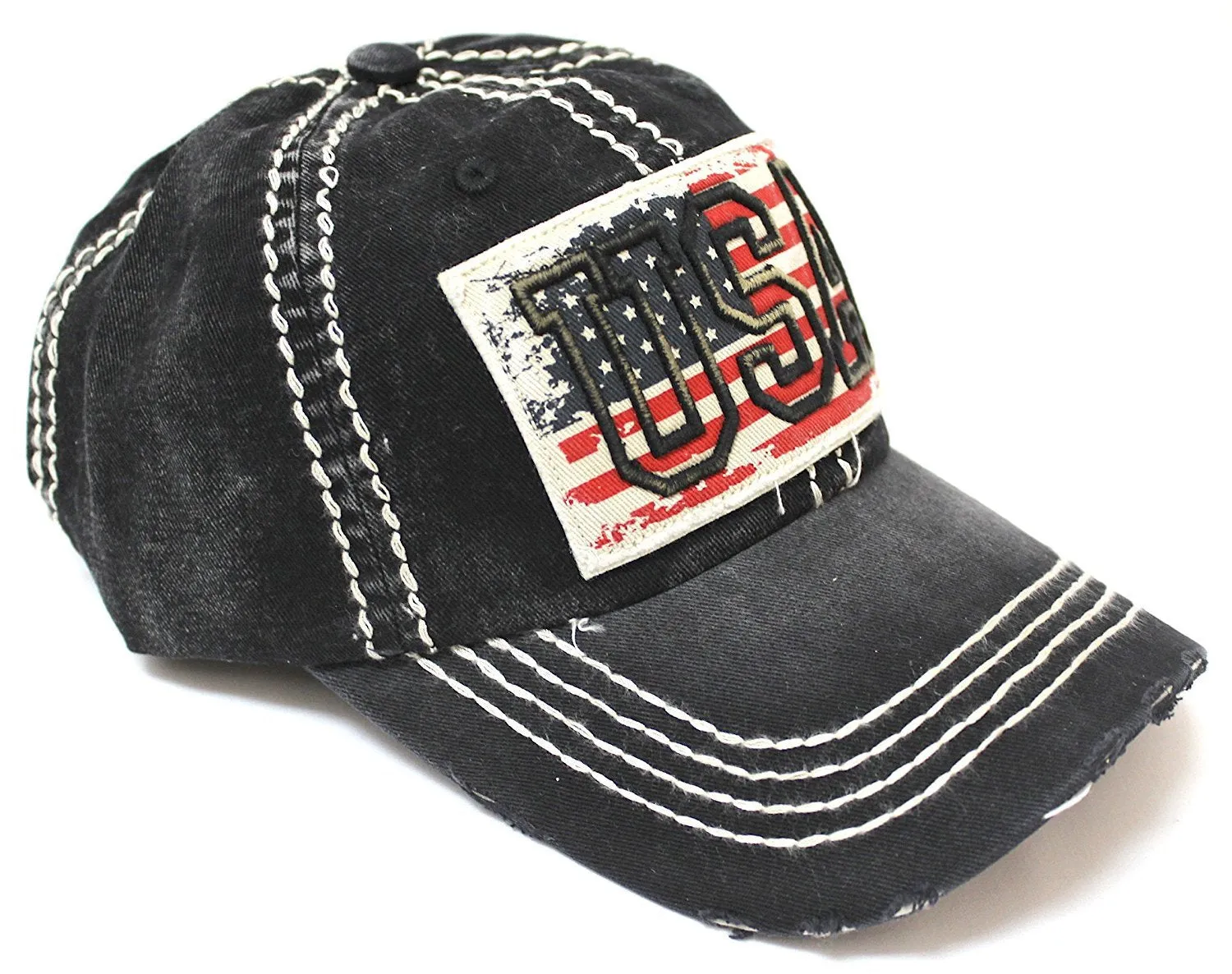 BLACK Vintage USA Flag Embroidery Patch Adjustable Baseball Cap