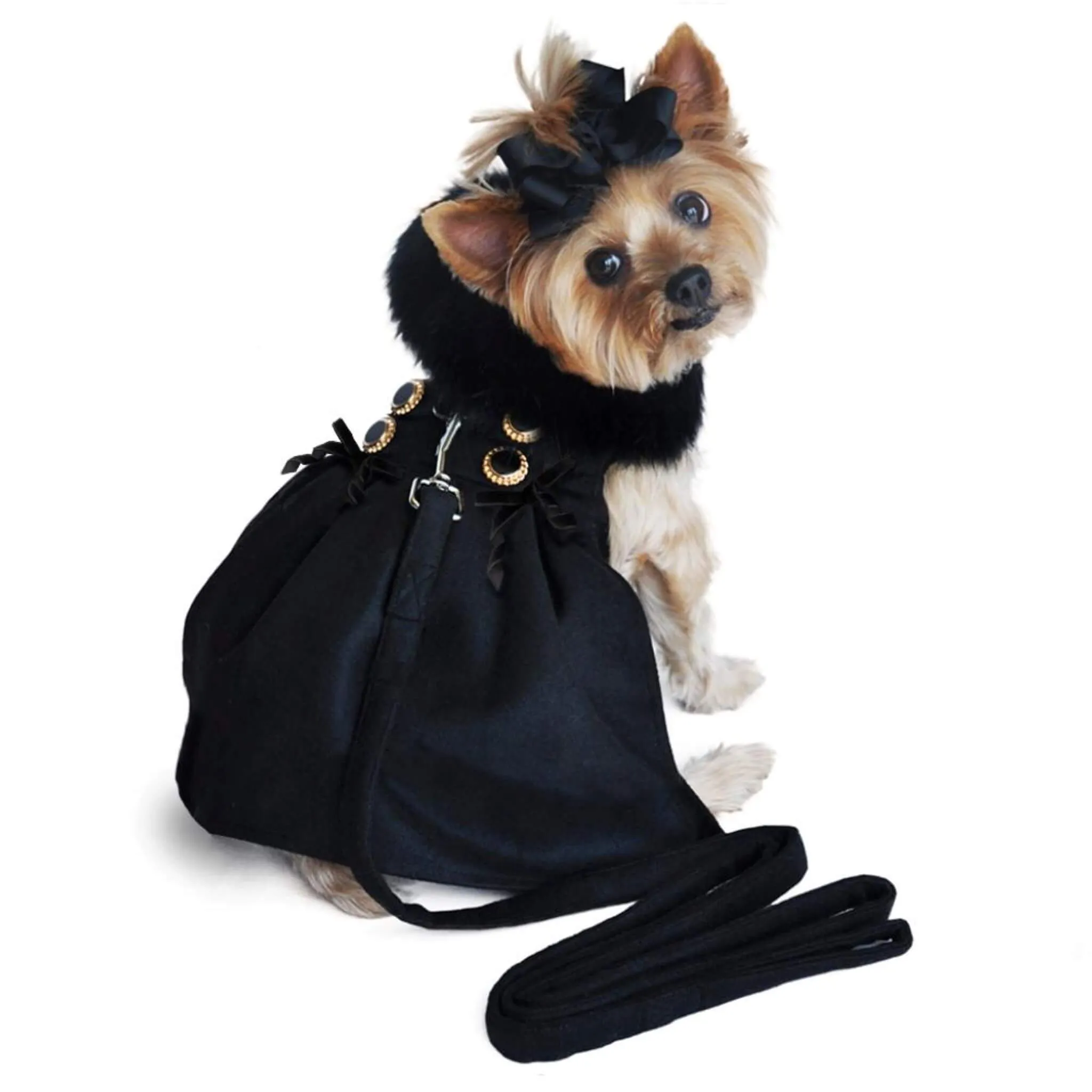 Black Wool Fur-Trimmed Dog Harness Coat