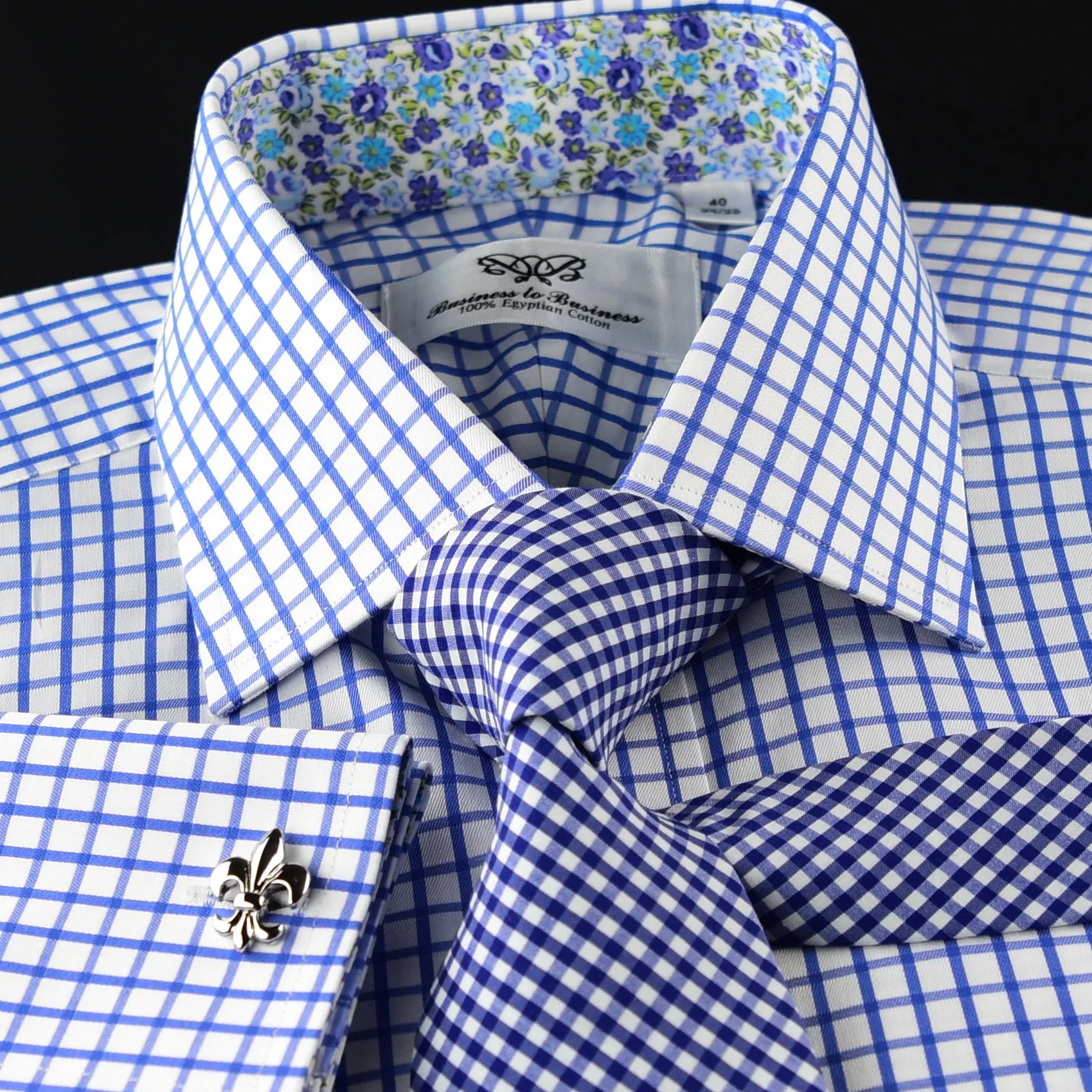 Blue Check Business Dress Shirt Men's Classic Formal French Cuff Floral Style A