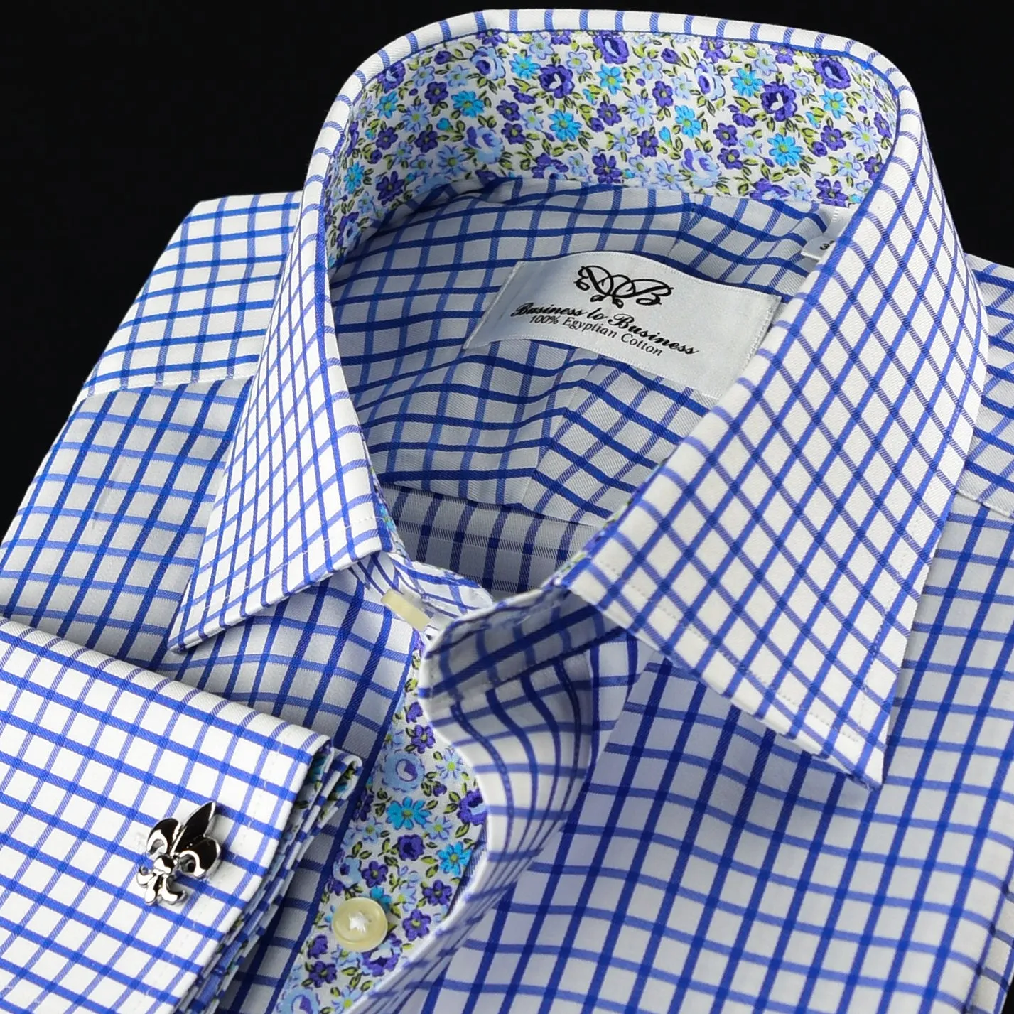 Blue Check Business Dress Shirt Men's Classic Formal French Cuff Floral Style A