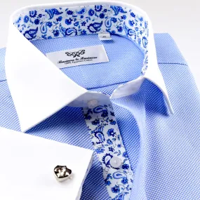 Blue Royal Oxford Floral Paisley Formal Business Dress Shirt With Contrast Collar And Cuffs