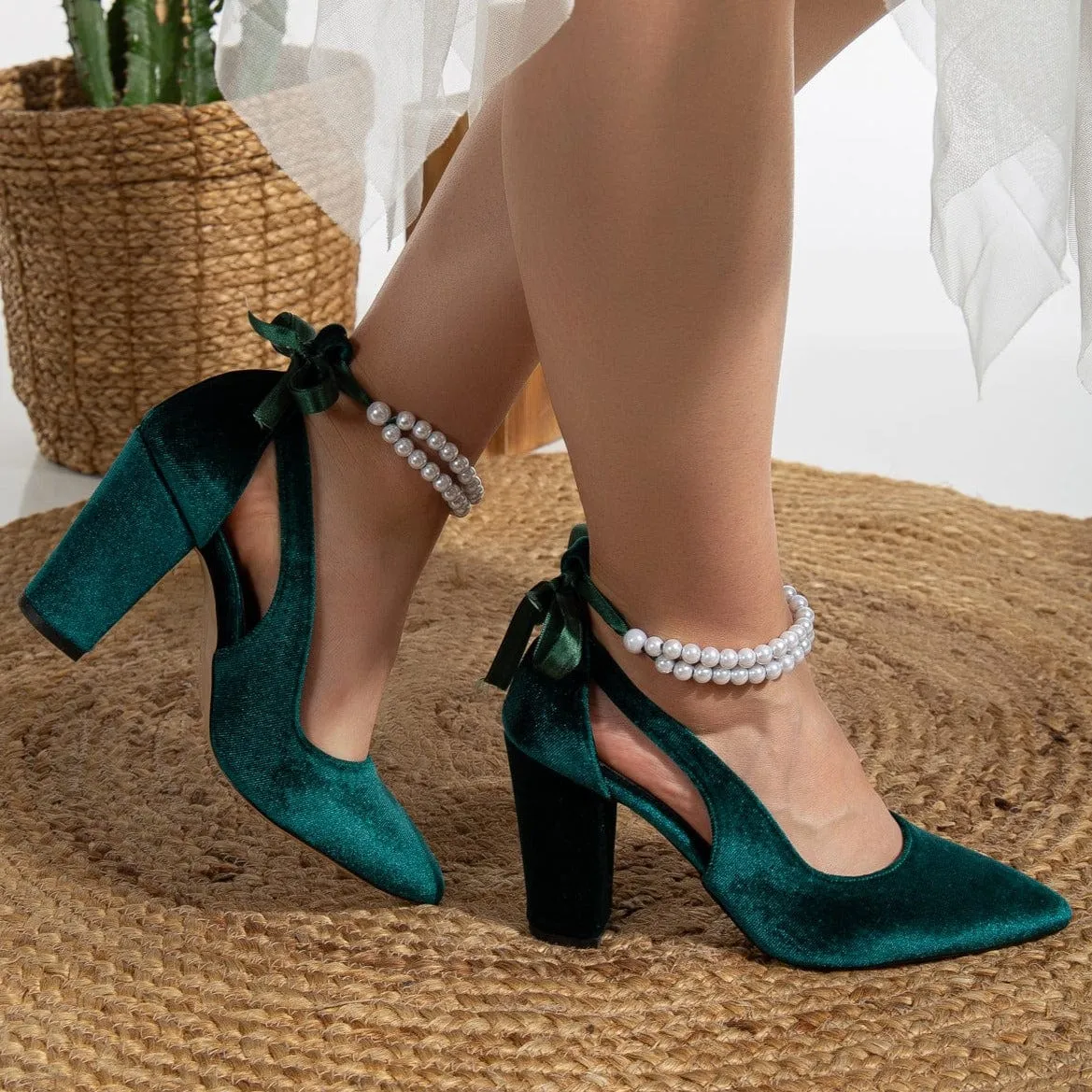 Camila Velvet Vegan Heels | Emerald Green