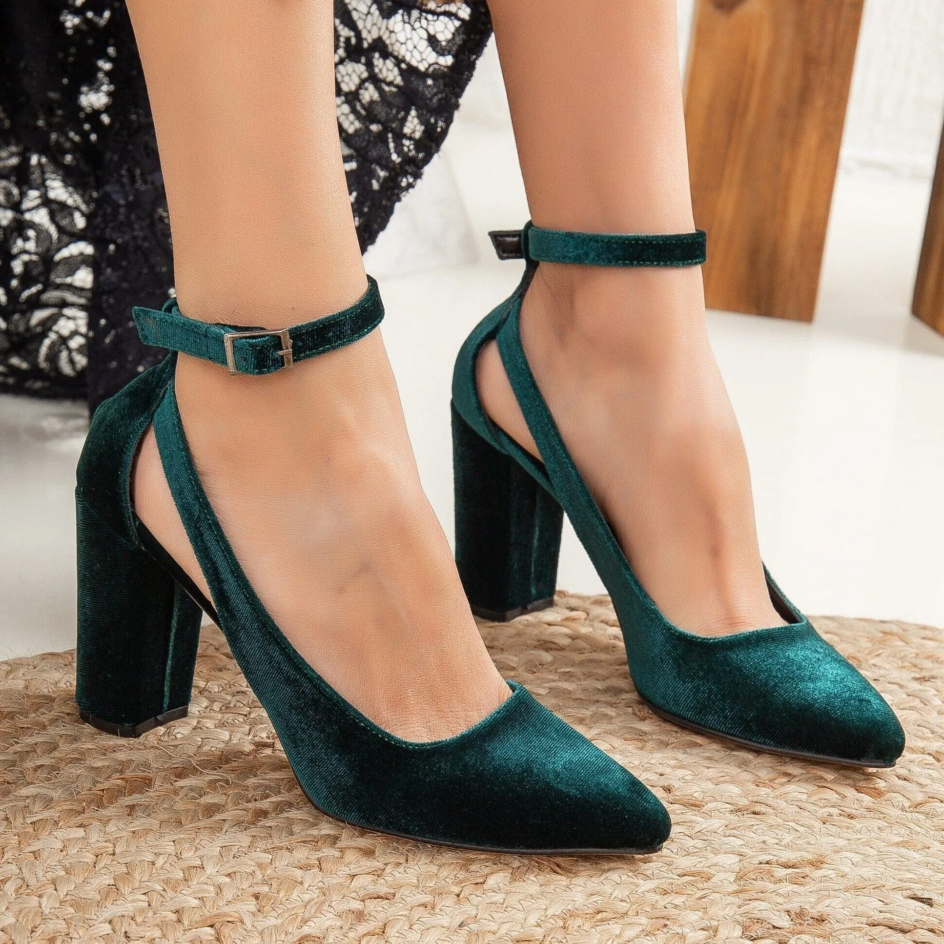 Camila Velvet Vegan Heels | Emerald Green