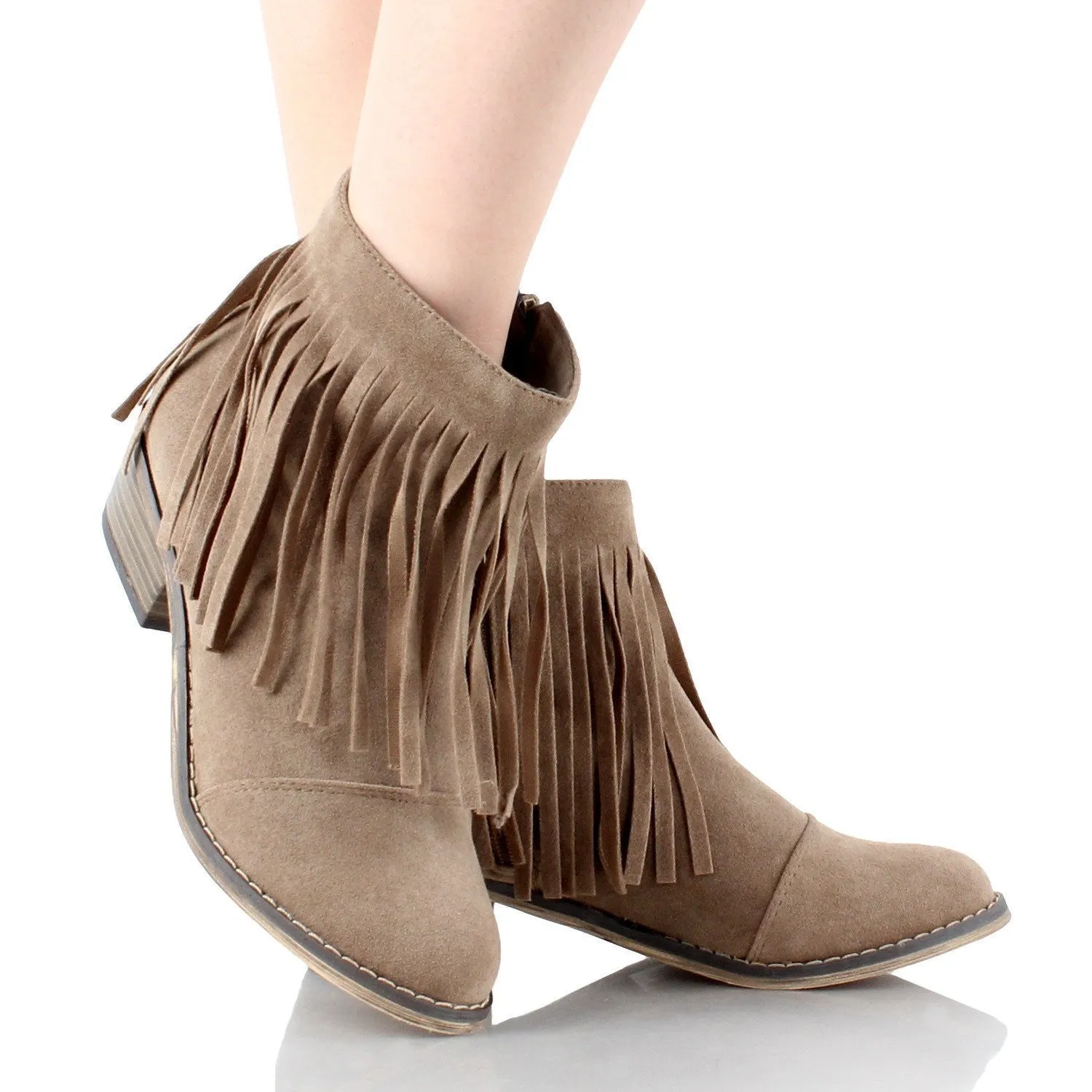 Fringe Round Toe Cowgirl Vegan Suede Ankle Women's Boots