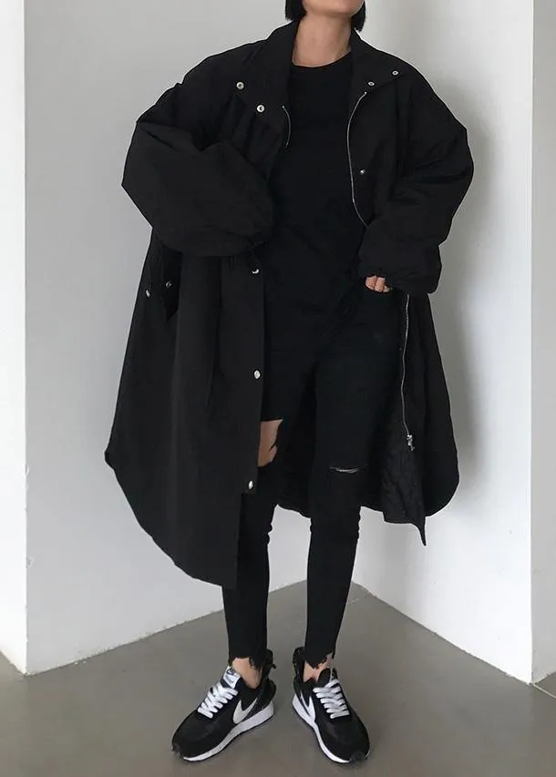 Handmade zippered Fashion lapel collar crane coats black baggy women coats