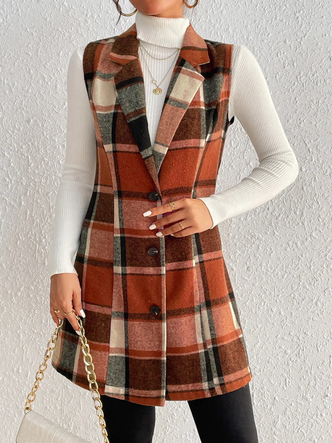 Honey Plaid Button Up Vest Coat