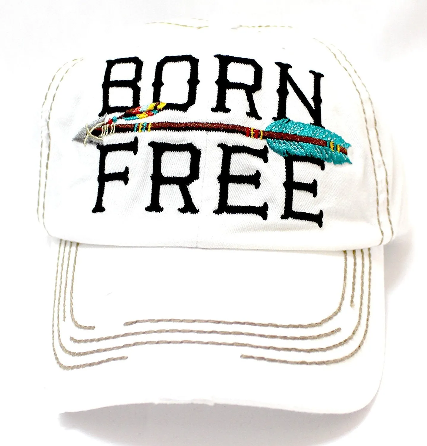 New! IVORY "BORN FREE" Distressed Vintage Cap w/ Arrow Embroidery Adjustable Back