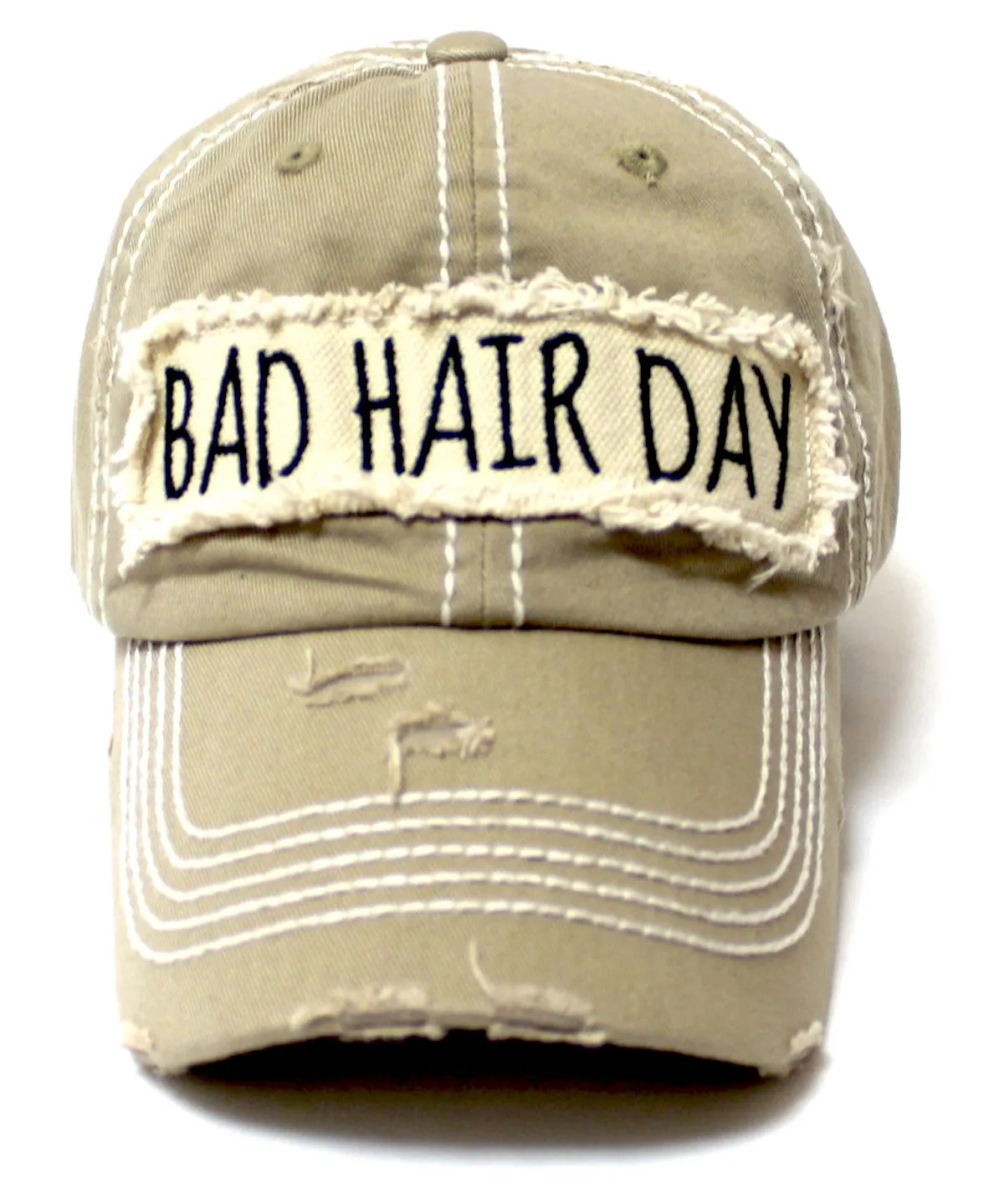 New! Khaki "BAD HAIR DAY" Embroidery Patch Baseball Cap