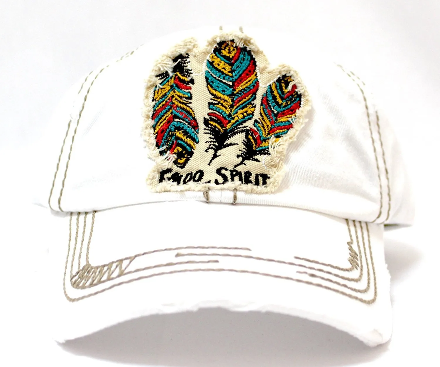 NEW! WHITE Feather "Free Spirit" Patched Distressed Vintage Cap