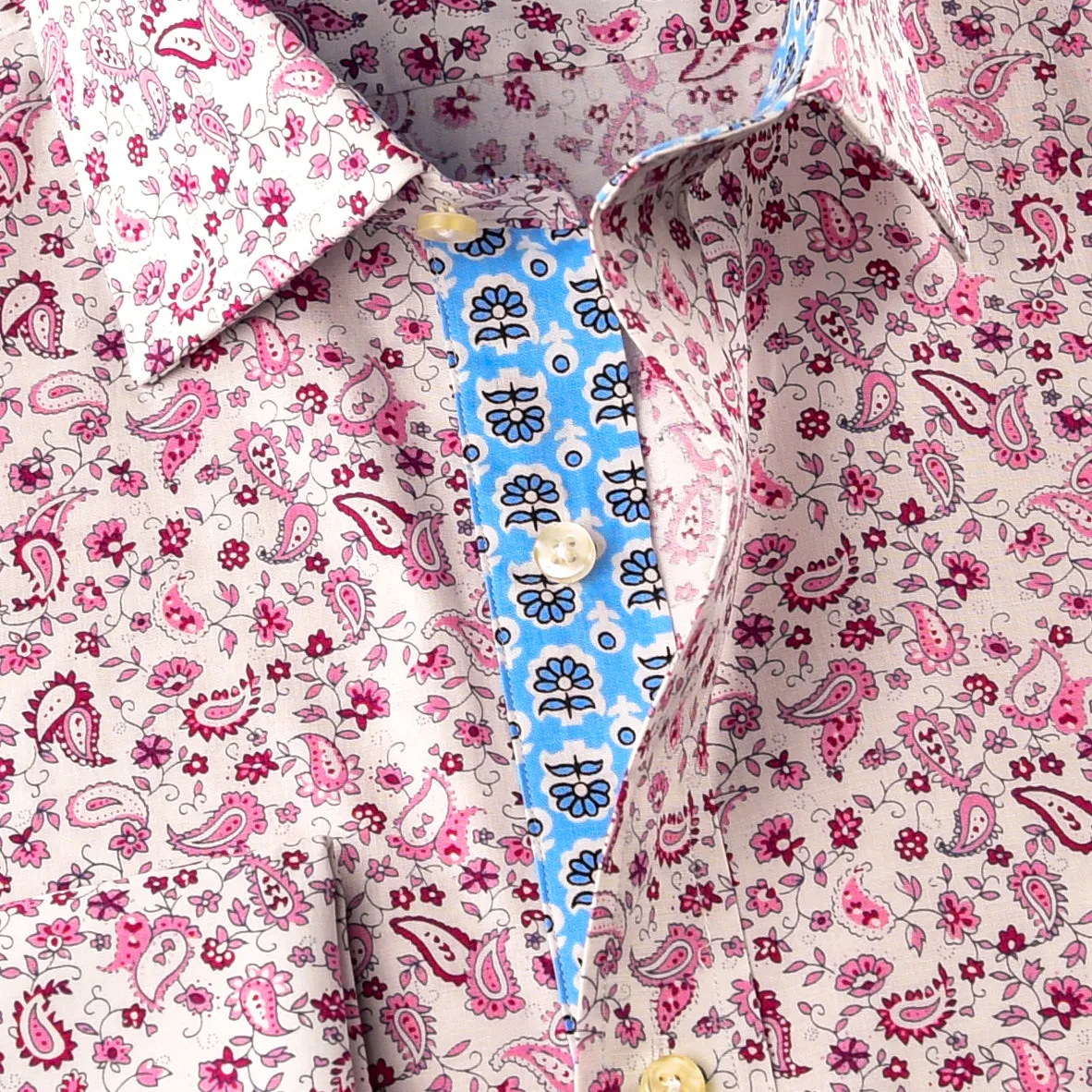 Pink Paisley Fancy Designed Dress Shirt Wih Blue Floral Inner Lining Double Cuff