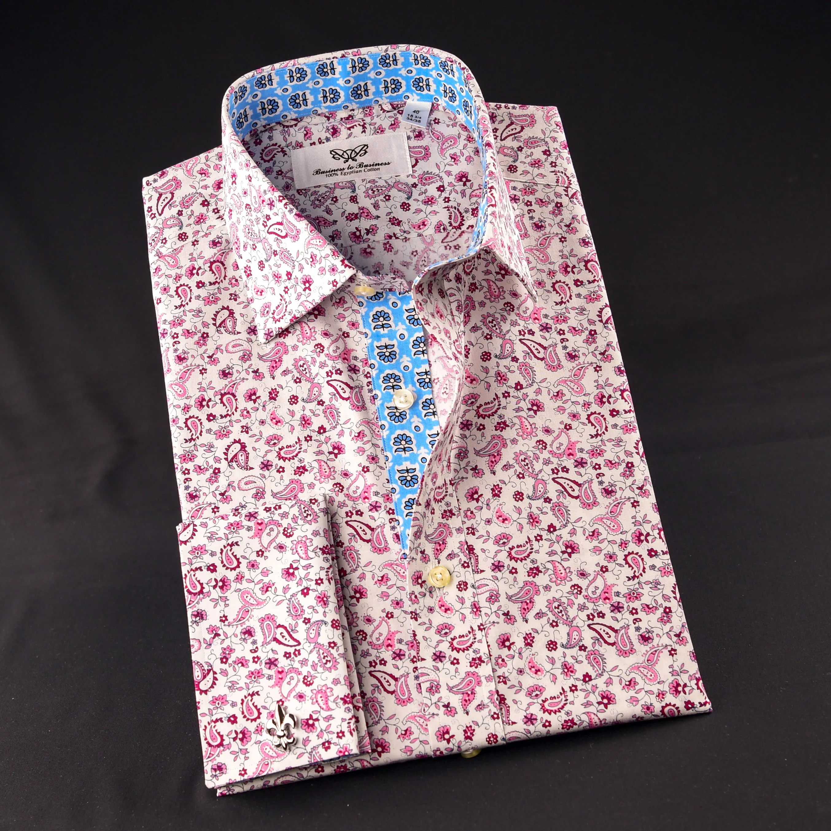 Pink Paisley Fancy Designed Dress Shirt Wih Blue Floral Inner Lining Double Cuff