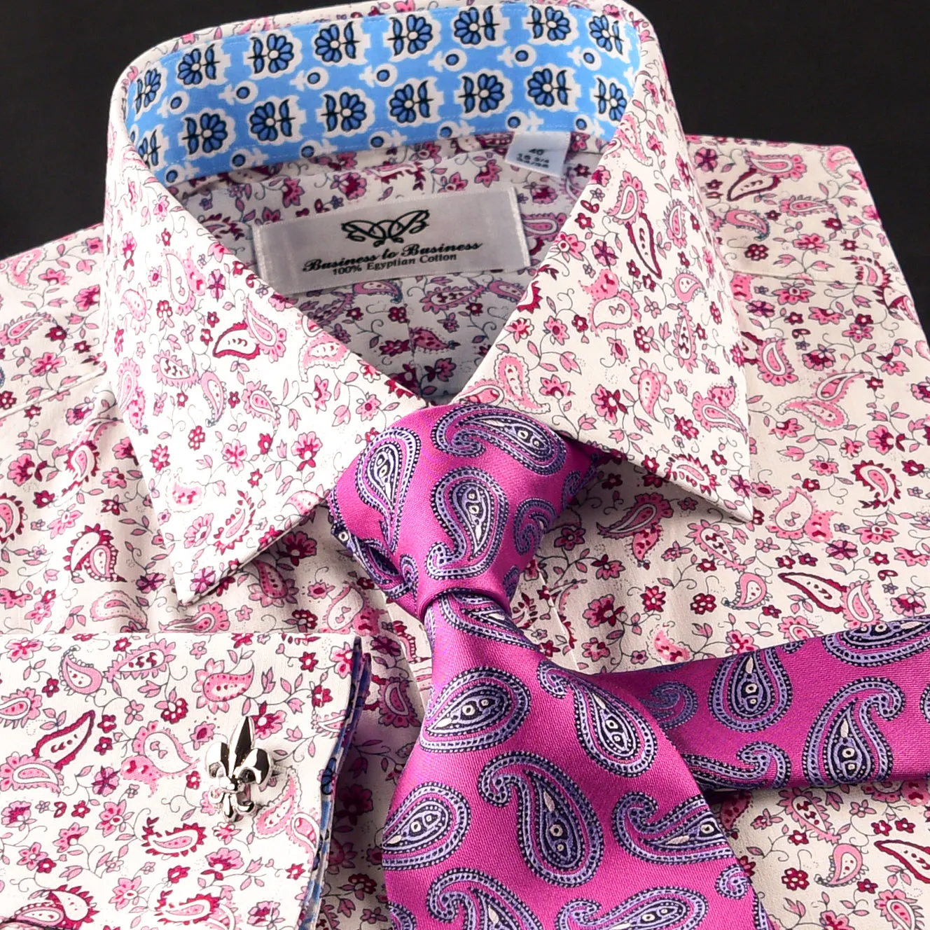 Pink Paisley Fancy Designed Dress Shirt Wih Blue Floral Inner Lining Double Cuff