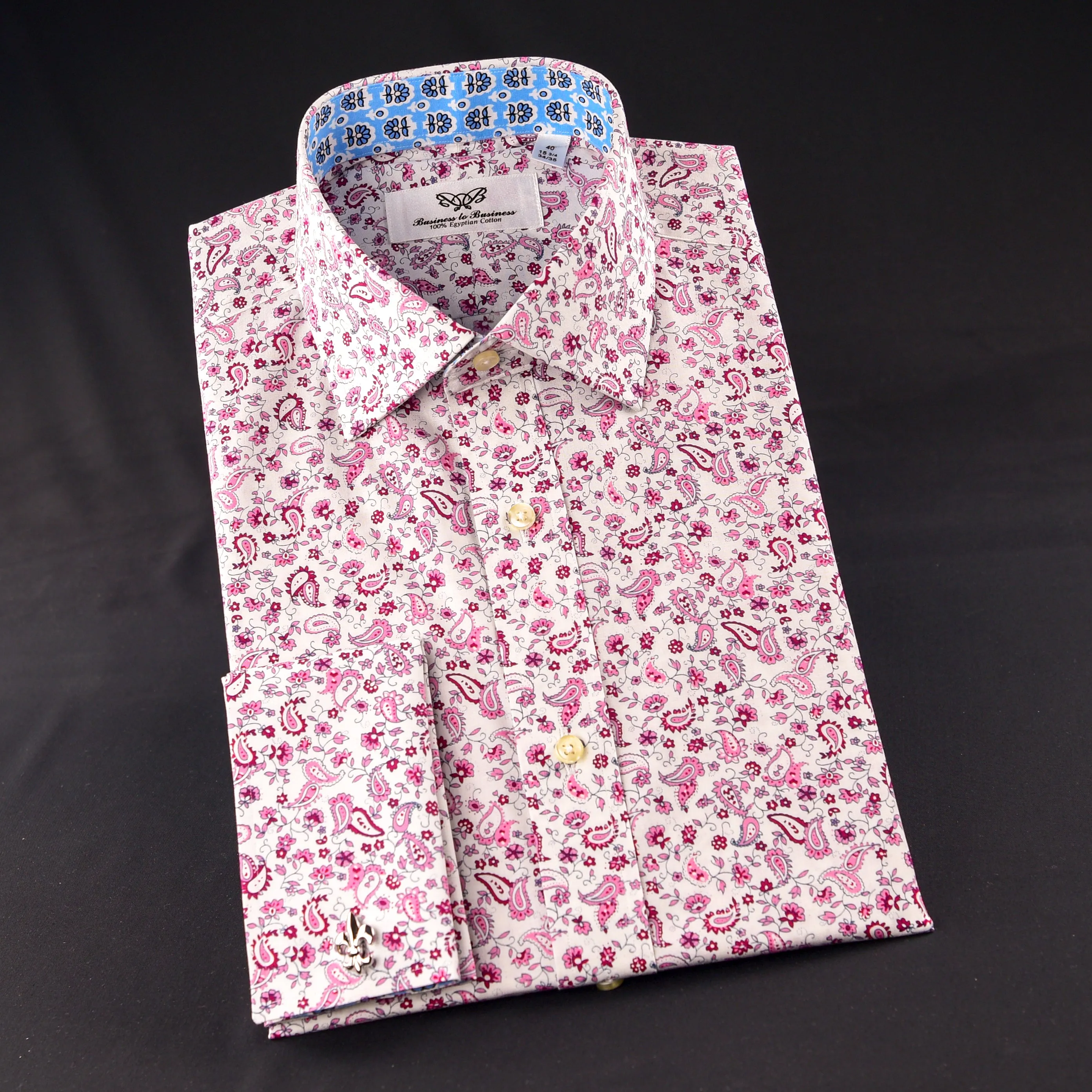 Pink Paisley Fancy Designed Dress Shirt Wih Blue Floral Inner Lining Double Cuff