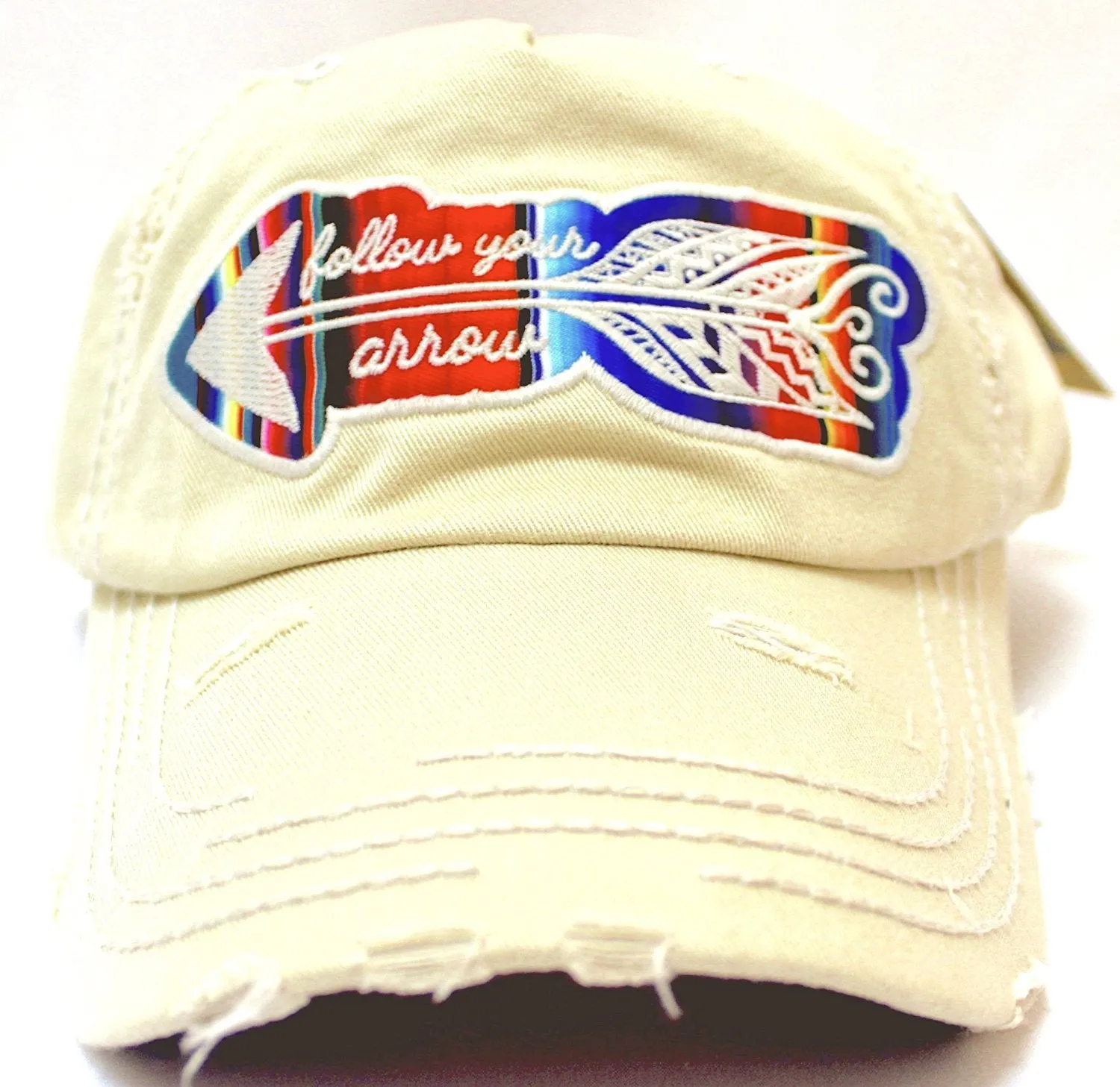 "Follow Your Arrow" Serape Patch on Ivory Distressed Vintage Cap