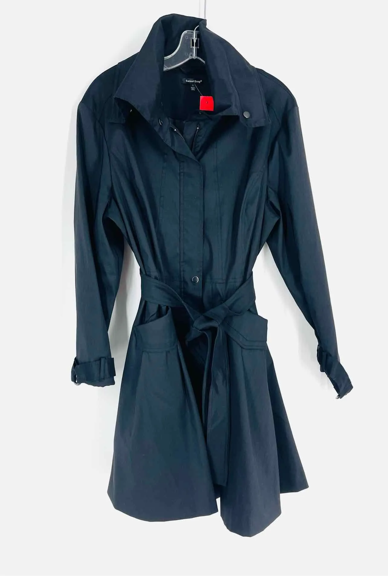 Samuel Dong Size L Black Belted Coats Trenchcoat