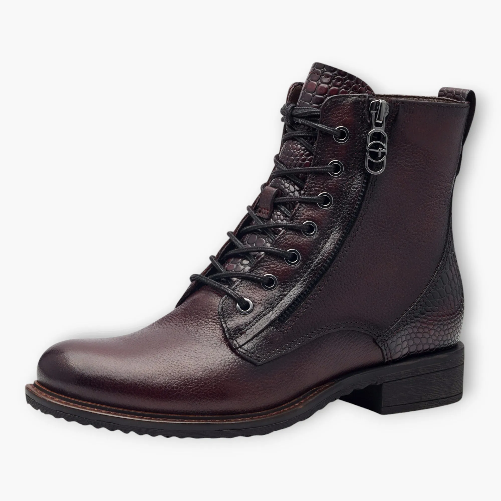 Tamaris Bordeaux Lace-Up Boots with Block Heel and Side Zip